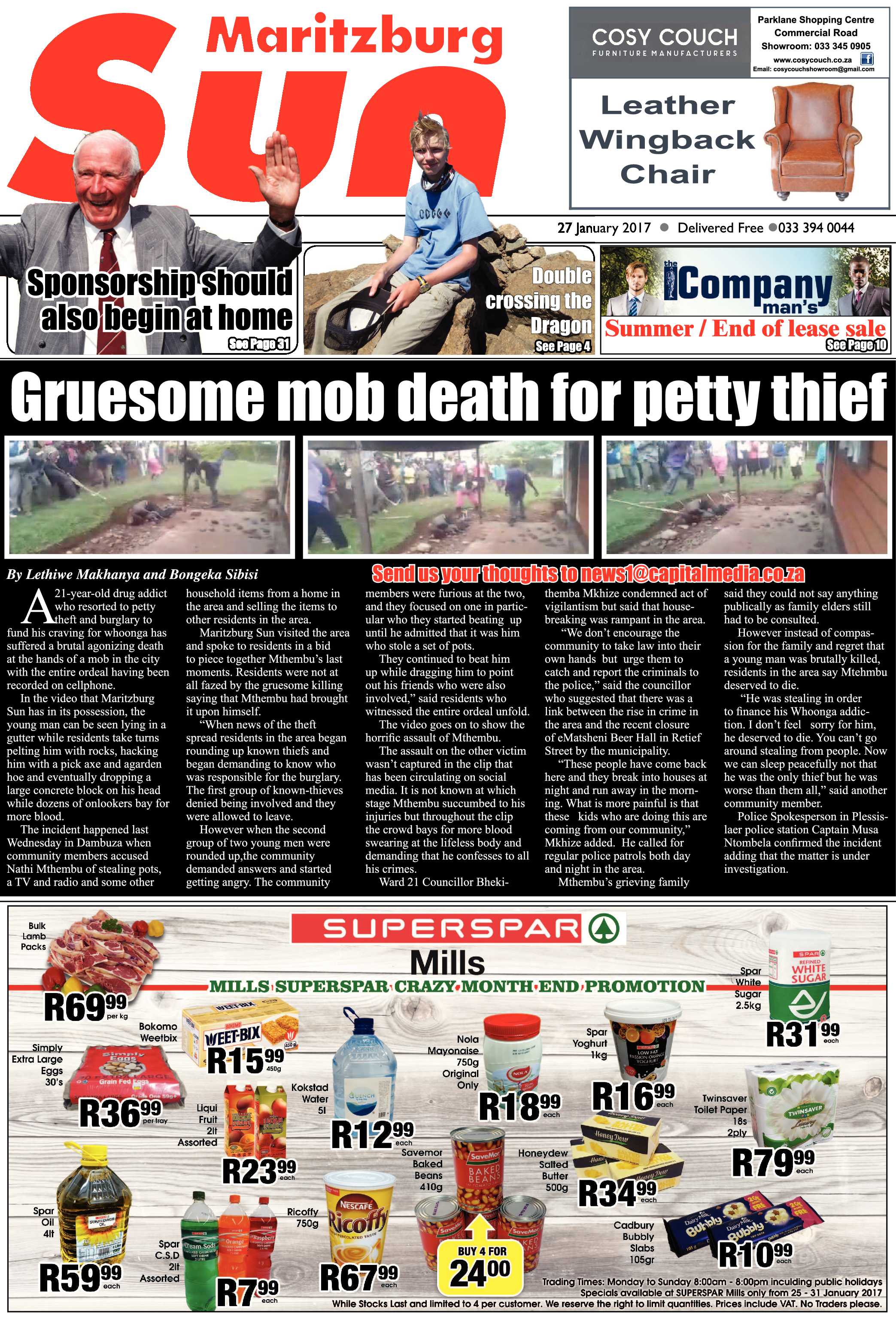 Maritzburg Sun 27-1-2017 page 1