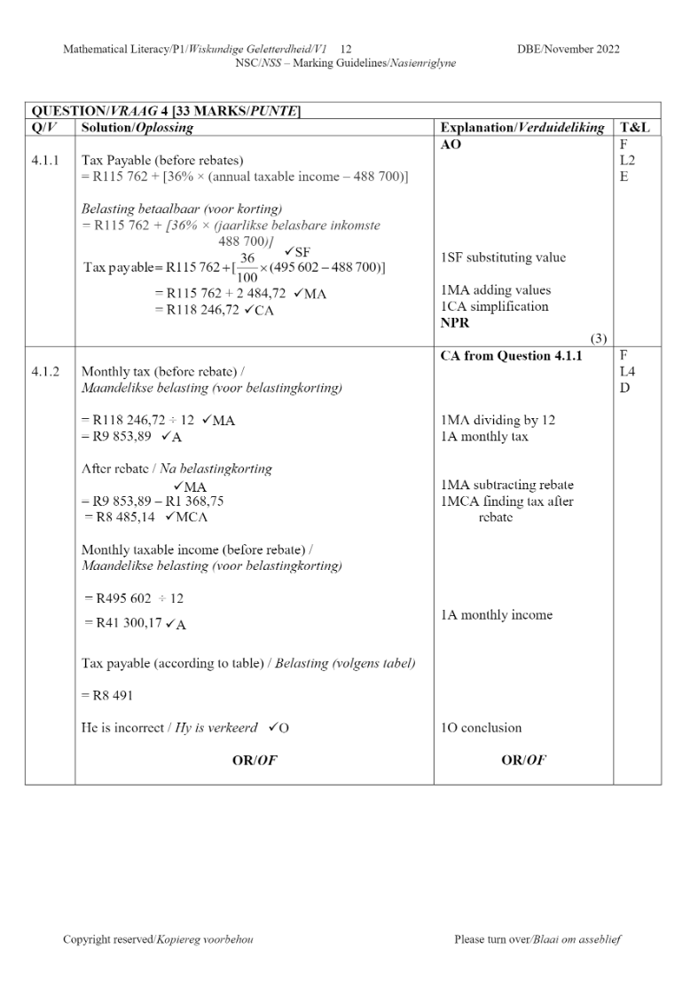 Mathematical Literacy ANSWERS page 12
