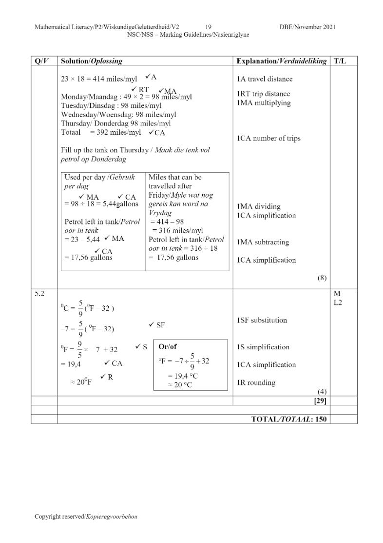 Mathematical Literacy ANSWERS page 39