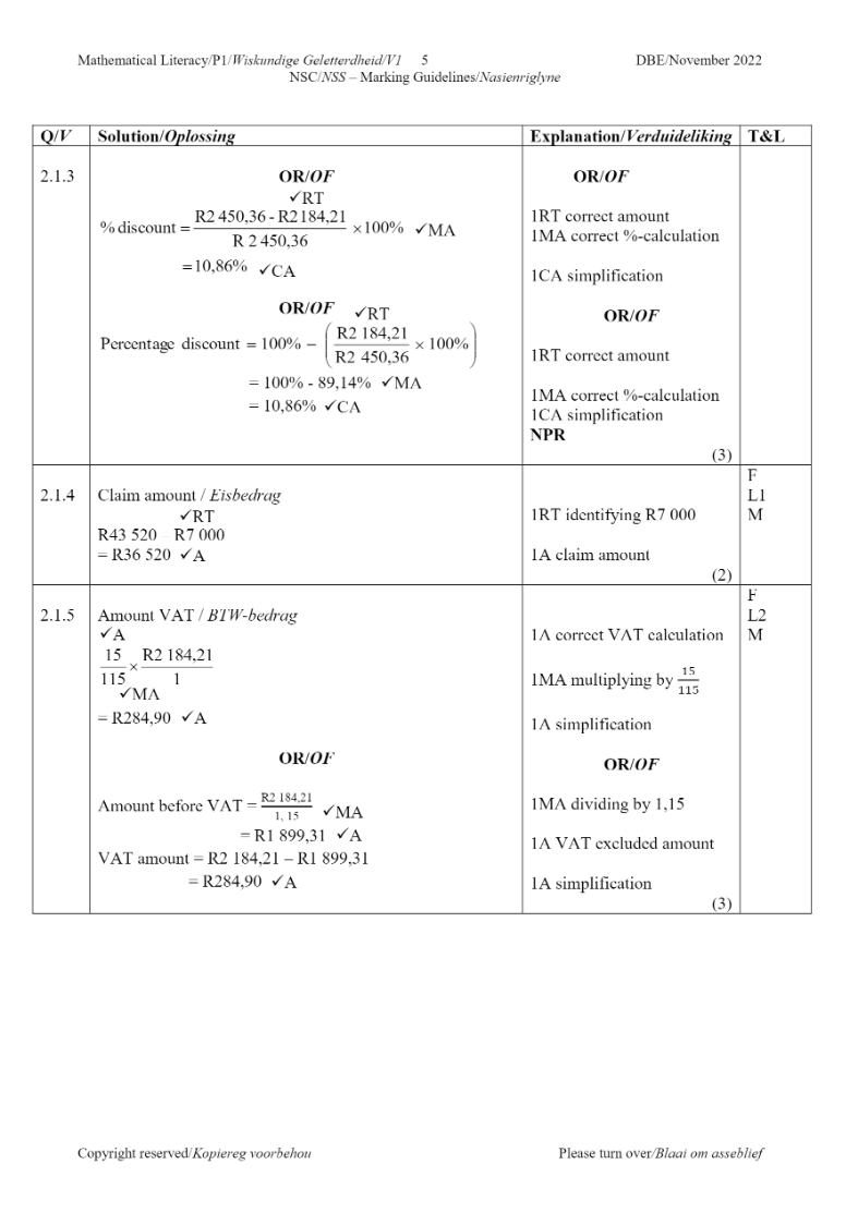 Mathematical Literacy ANSWERS page 5