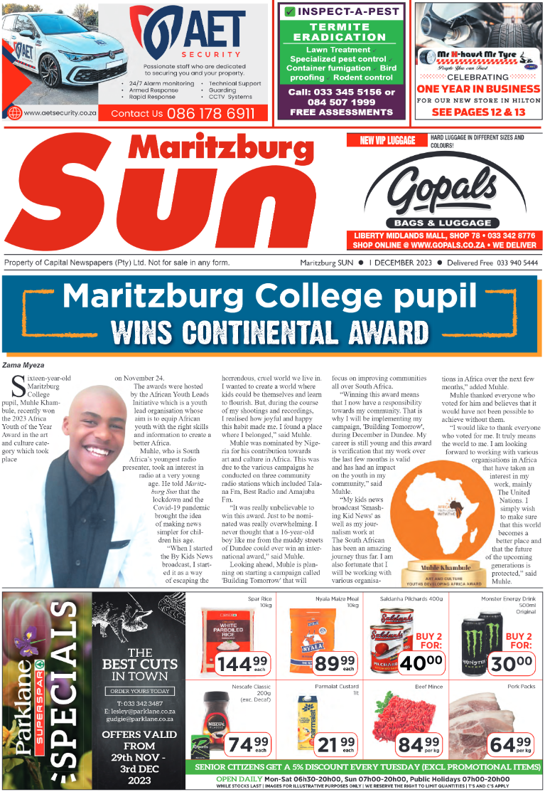 Maritzburg Sun 01/12/23 page 1